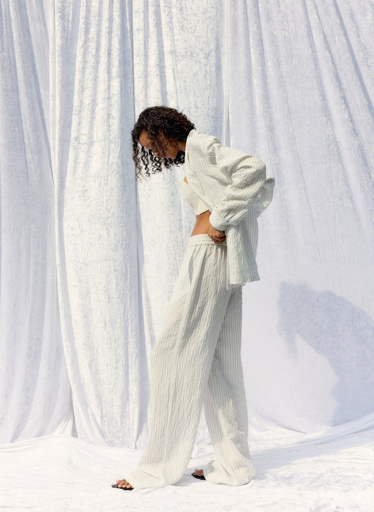 Crinkle Stripe Summer Suiting Wide Leg Pull On Pant | Tibi Quality