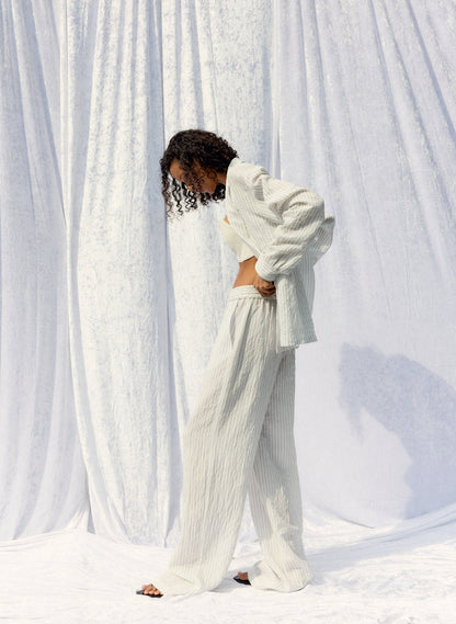 Crinkle Stripe Summer Suiting Wide Leg Pull On Pant | Tibi Quality