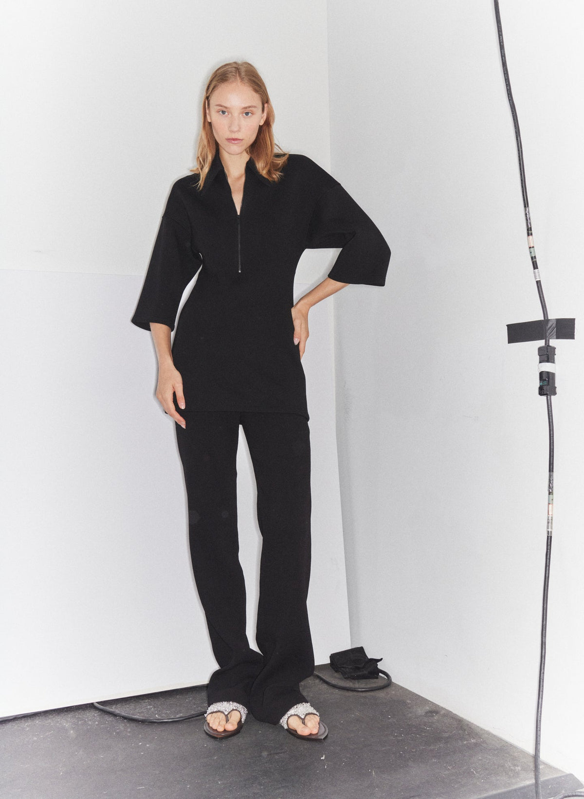 Bonded Viscose Zip Front Short Sleeve Slim Tunic | Tibi New