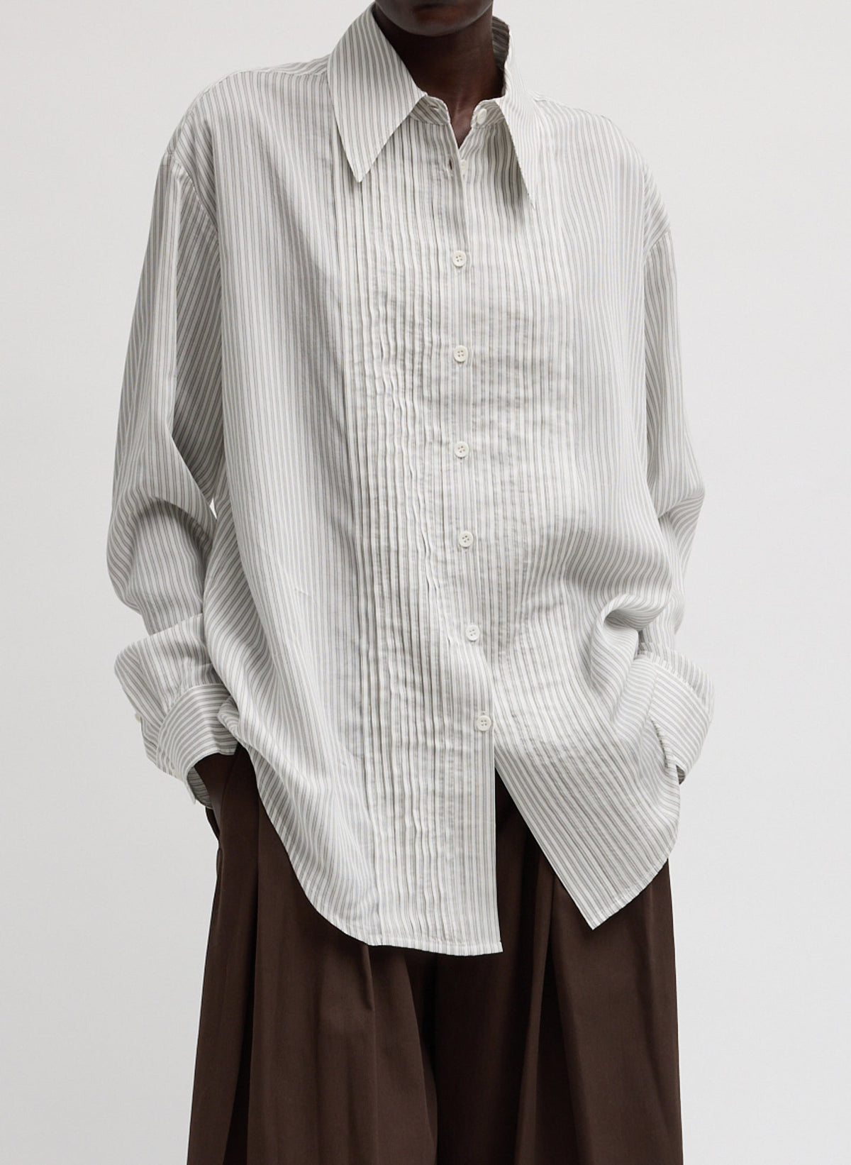 Ultra Light Silk Tencel Striped Pintucked Shirt | Tibi Featured