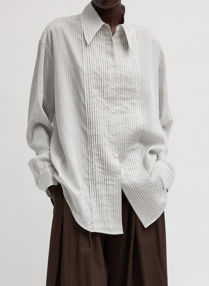 Ultra Light Silk Tencel Striped Pintucked Shirt | Tibi Featured