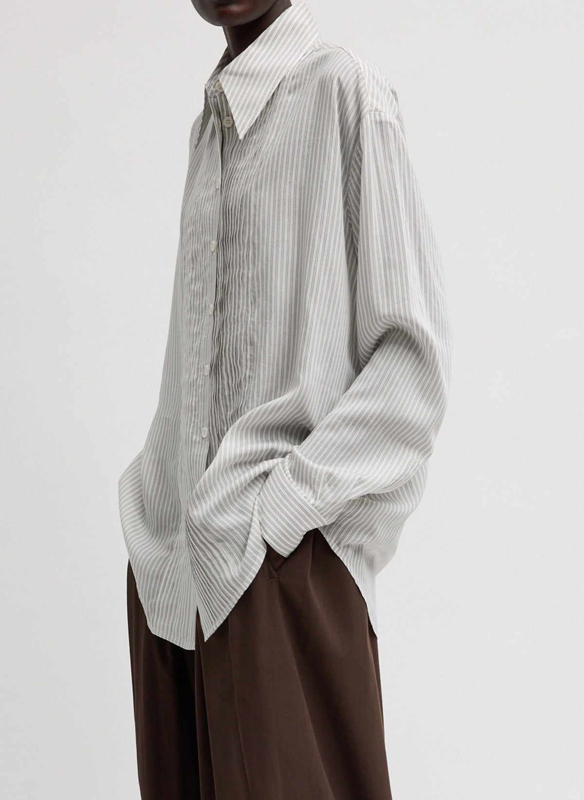 Ultra Light Silk Tencel Striped Pintucked Shirt | Tibi Featured