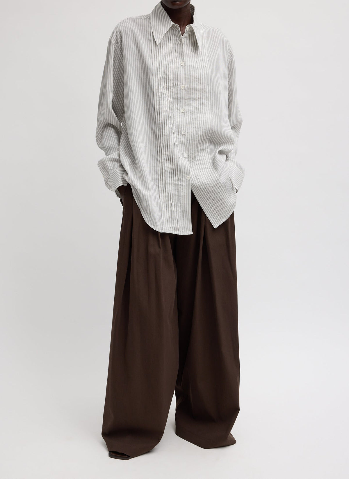 Ultra Light Silk Tencel Striped Pintucked Shirt | Tibi Featured