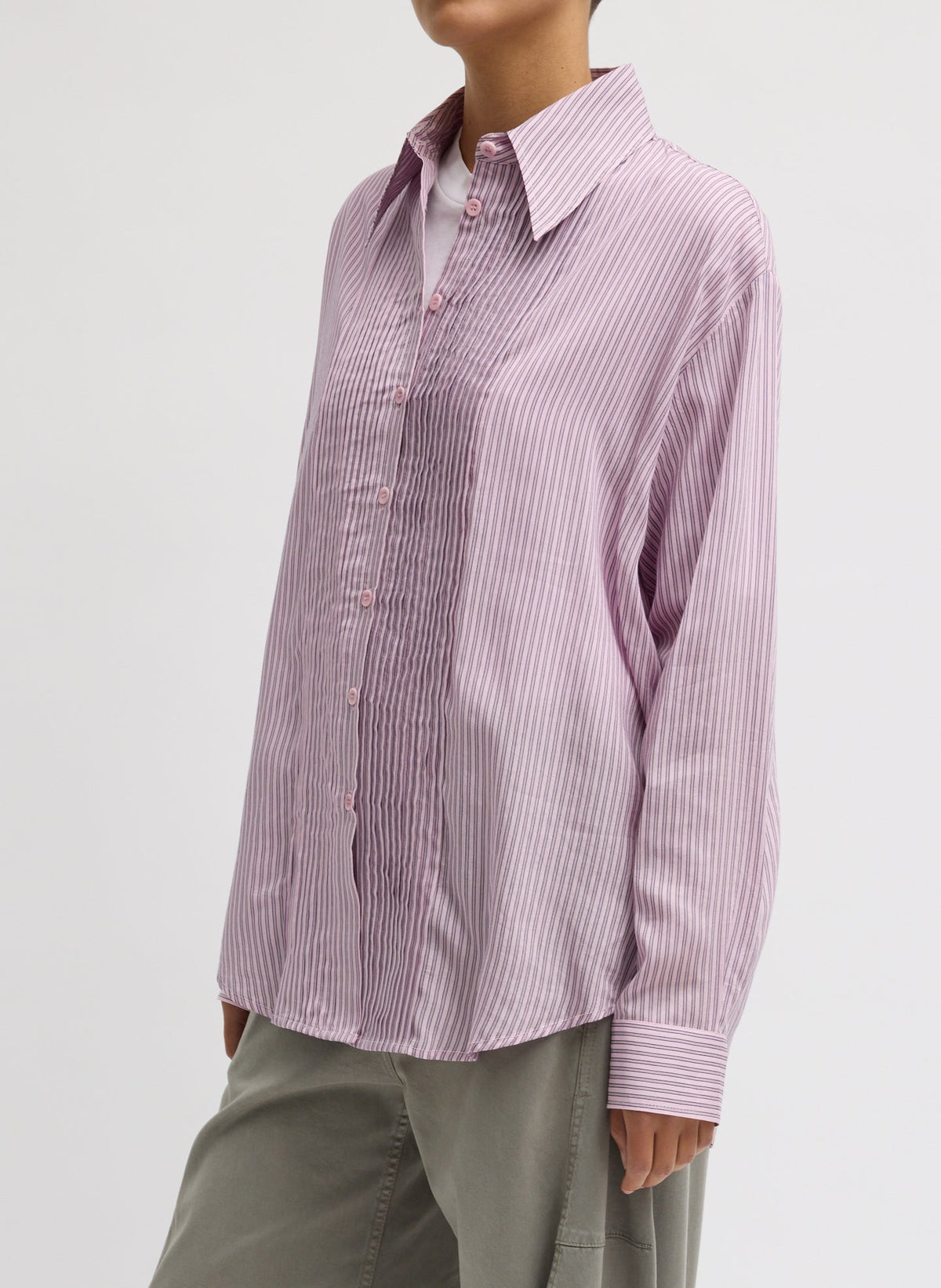 Ultra Light Silk Tencel Striped Pintucked Shirt | Tibi Everyday