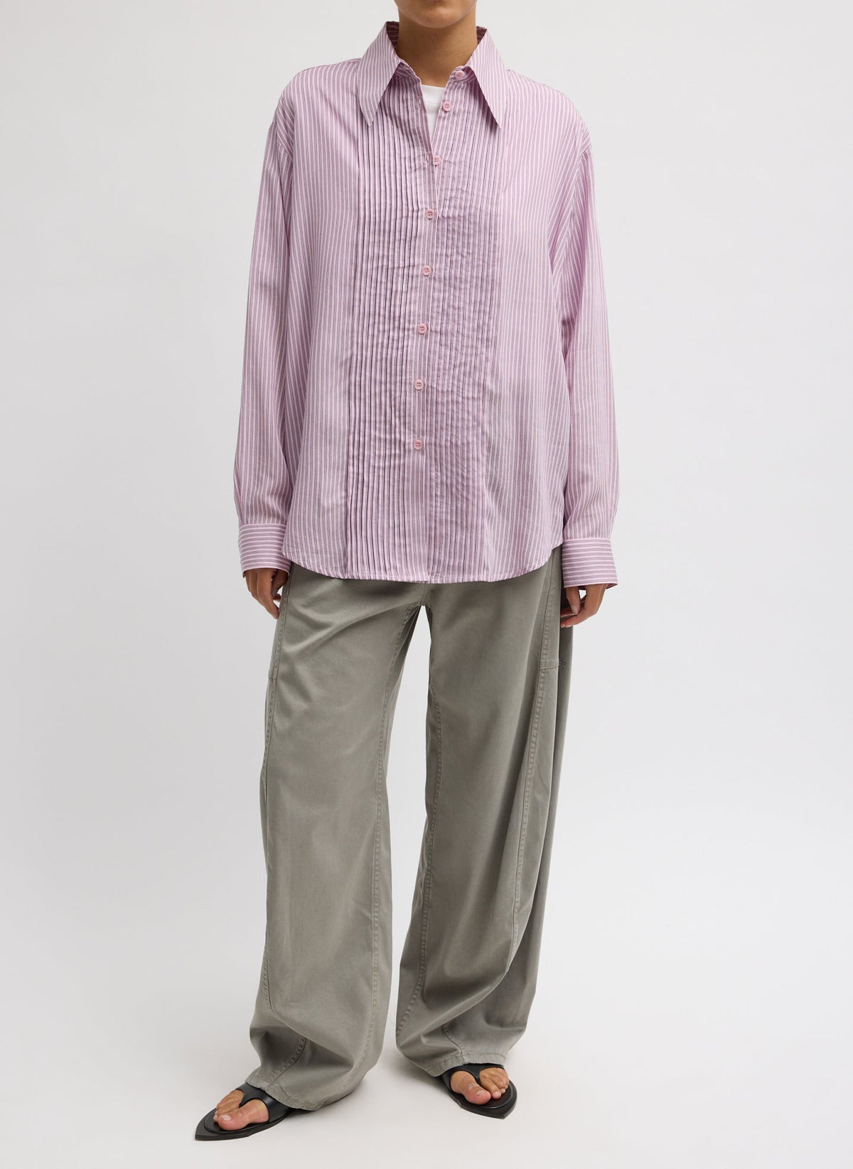 Ultra Light Silk Tencel Striped Pintucked Shirt | Tibi Everyday