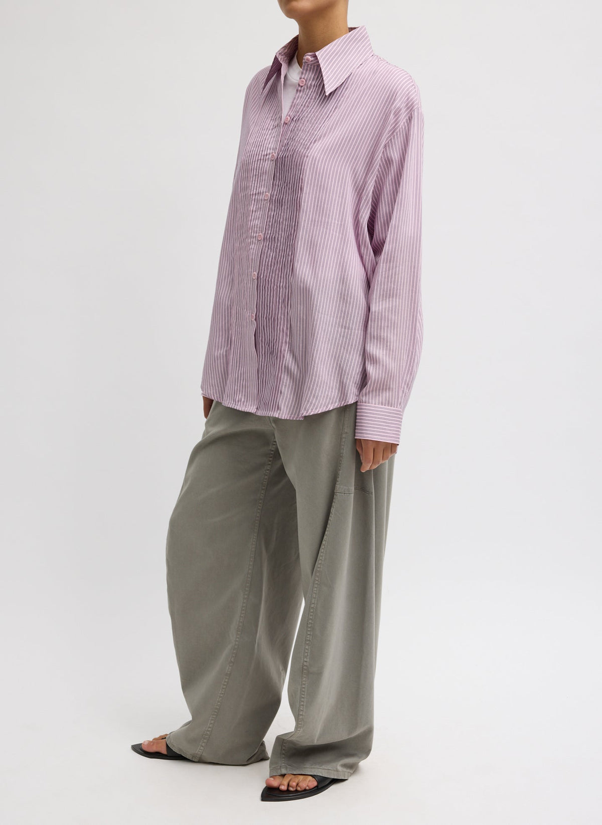 Ultra Light Silk Tencel Striped Pintucked Shirt | Tibi Everyday