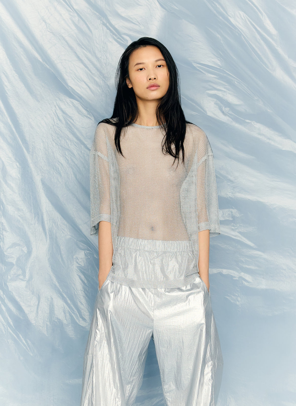 Viscose Metallic Mesh Easy T-Shirt | Tibi New