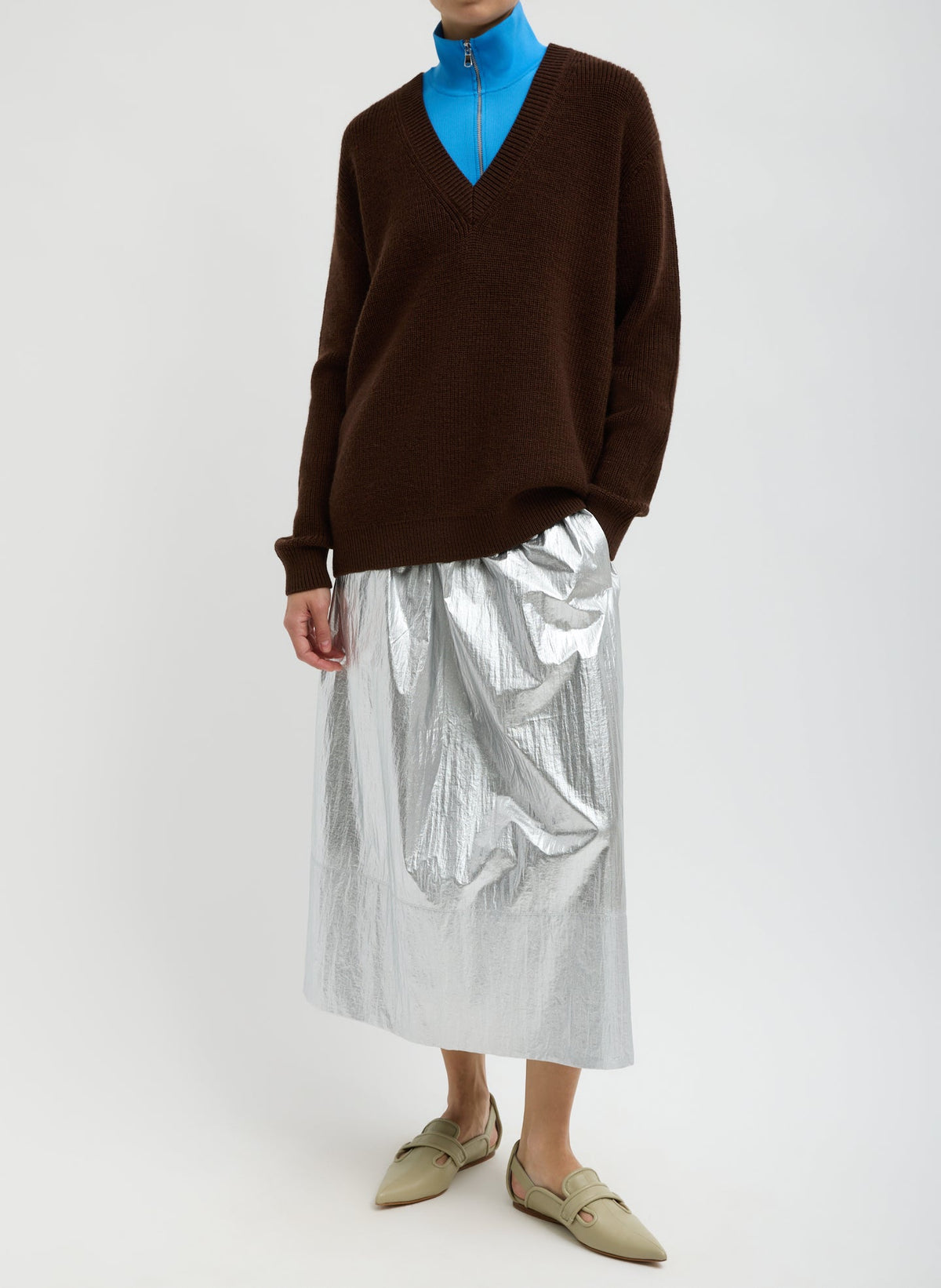 Silver Metallic Nylon Pull On Full Skirt | Tibi Discount